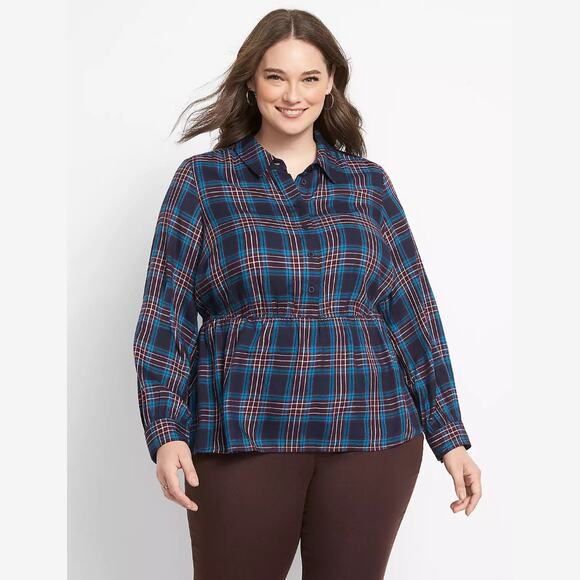 Lane Bryant No Peek Button Front Plaid Peplum Top 18/20 NWT - Picture 1 of 8